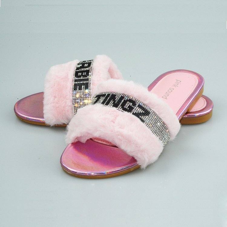 2025 New Arrival Ladies Pink Flat Furry Slippers Pink Glitter Slides for Women Fashion Sandals