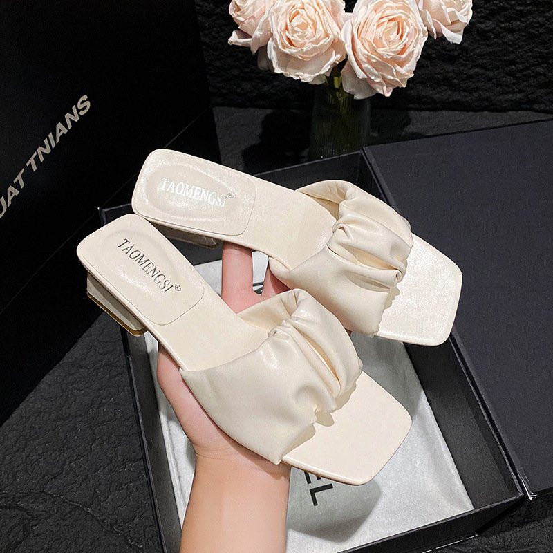 YD-23 Cloud sense pleated design sense lady high heel slippers French square head chunky slides slippers plus size women shoes
