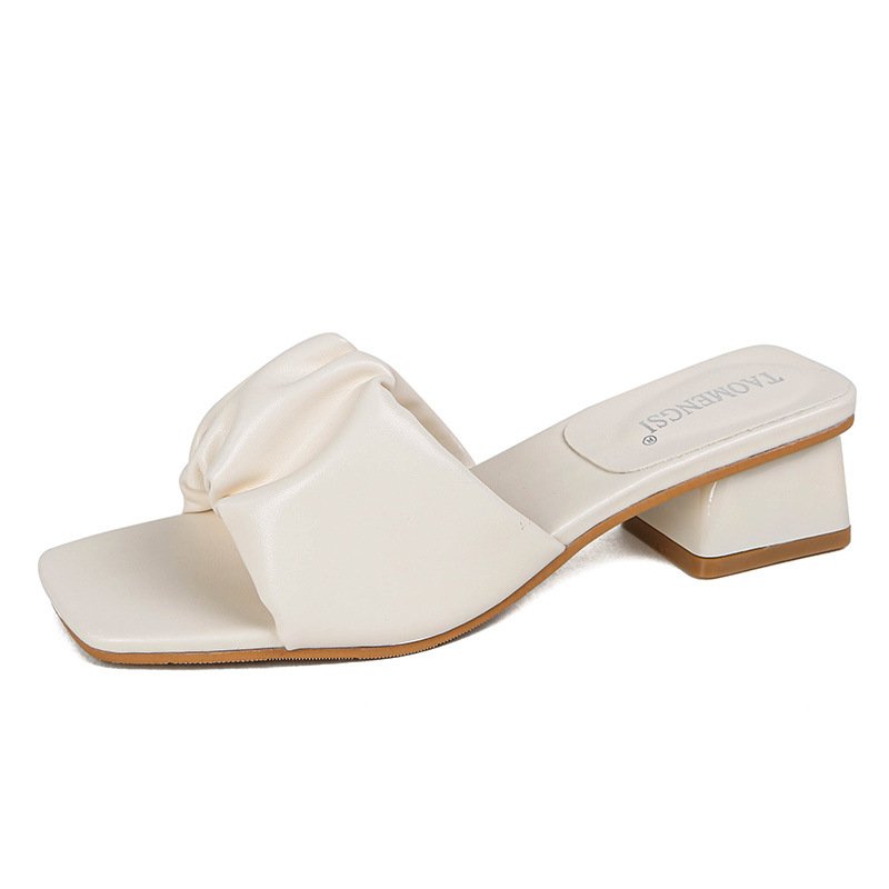 YD-23 Cloud sense pleated design sense lady high heel slippers French square head chunky slides slippers plus size women shoes