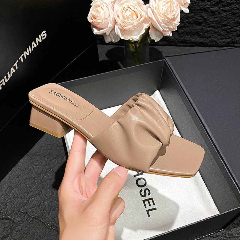 YD-23 Cloud sense pleated design sense lady high heel slippers French square head chunky slides slippers plus size women shoes
