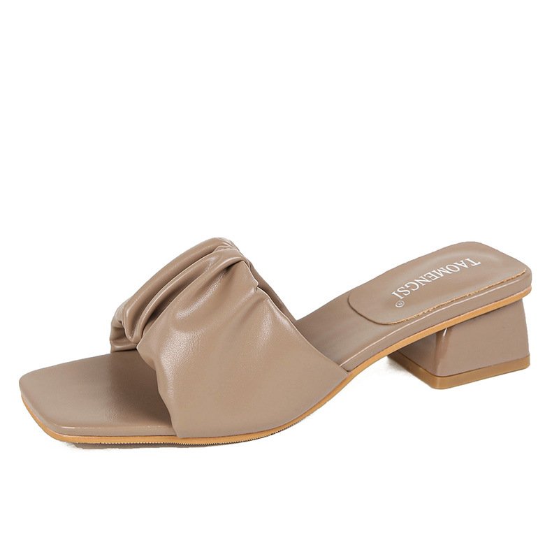 YD-23 Cloud sense pleated design sense lady high heel slippers French square head chunky slides slippers plus size women shoes
