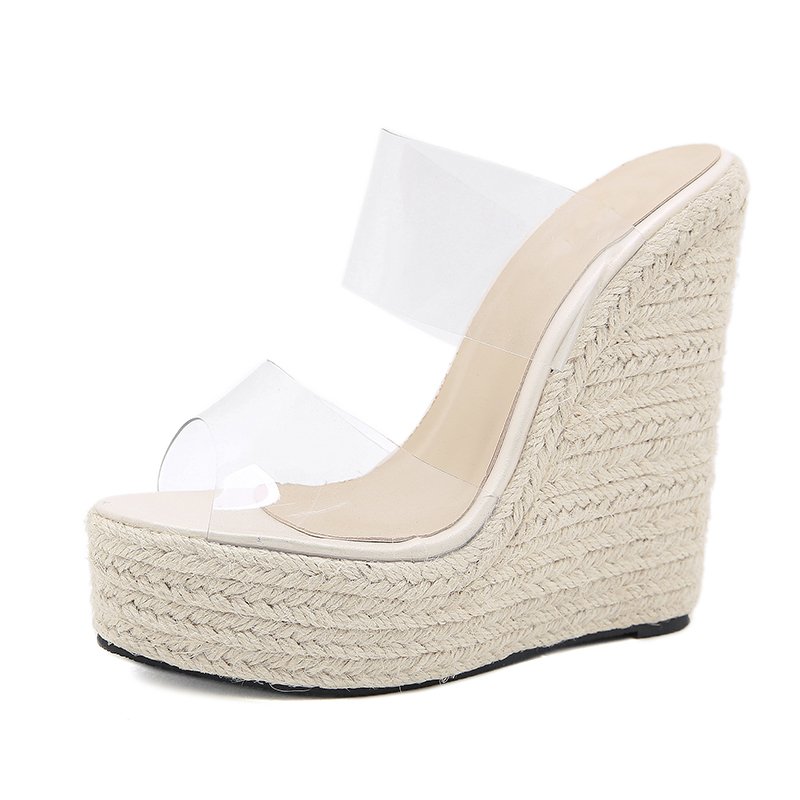 Femmes Chaussures 42 Summer High Heels Pleated Slippers Round Toe Slides Out sid 2021 NEW Elegant PVC Women Shoes Wedges Sandals