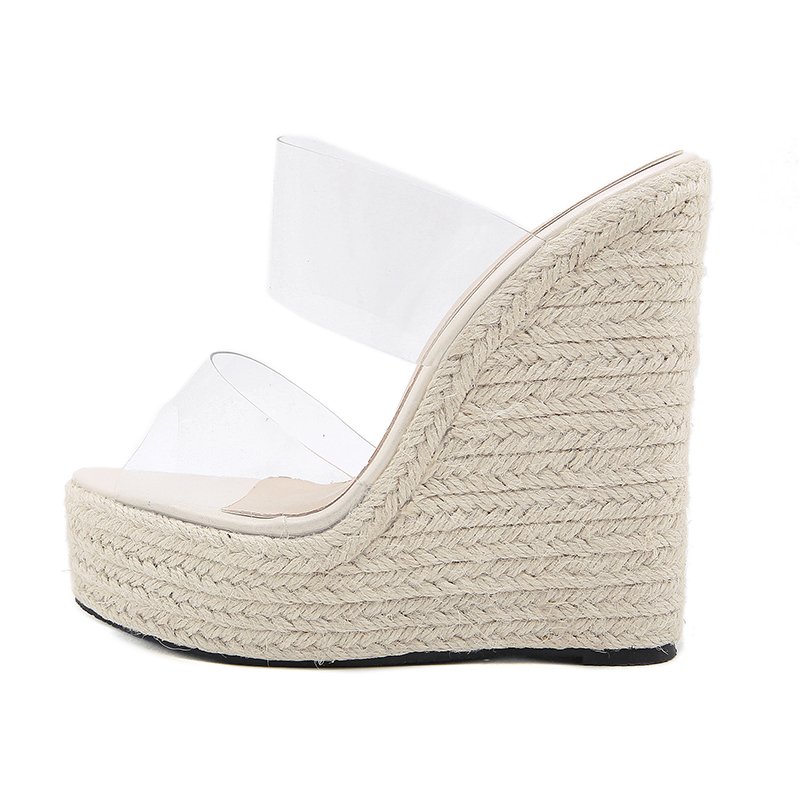 Femmes Chaussures 42 Summer High Heels Pleated Slippers Round Toe Slides Out sid 2021 NEW Elegant PVC Women Shoes Wedges Sandals