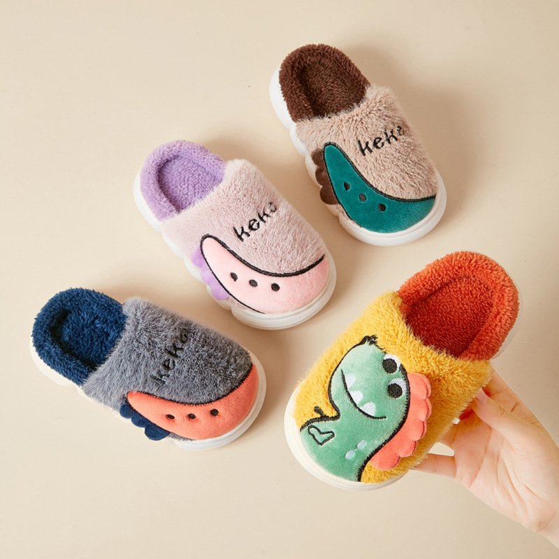 High Quality Cute Dinosaur Slipper Indoor Non-slip Soft Plush Warm Winter Slippers For Kids Boys And Girls Fluffy Furry Slippers