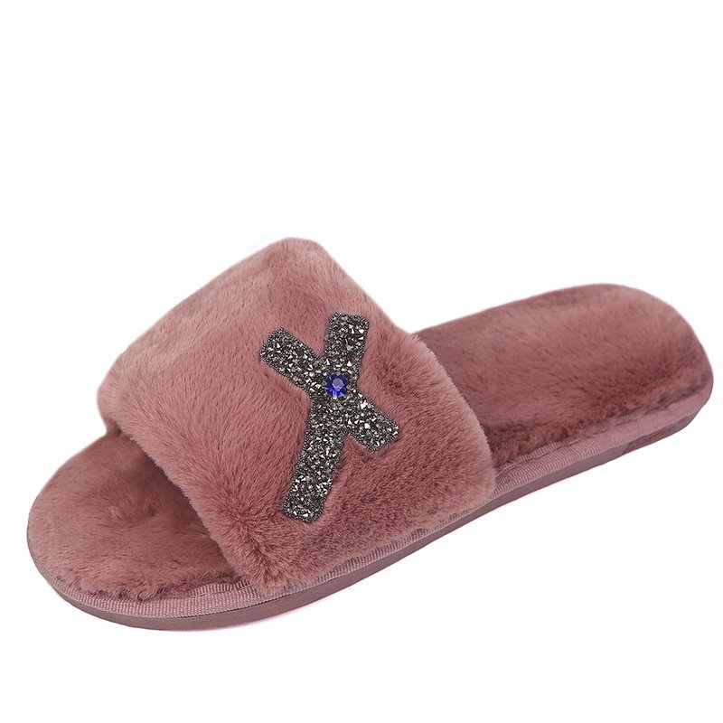 New arrival custom logo cotton fur slippers sip on ladies rhinestone plush indoor slides designer women's furry house slippers