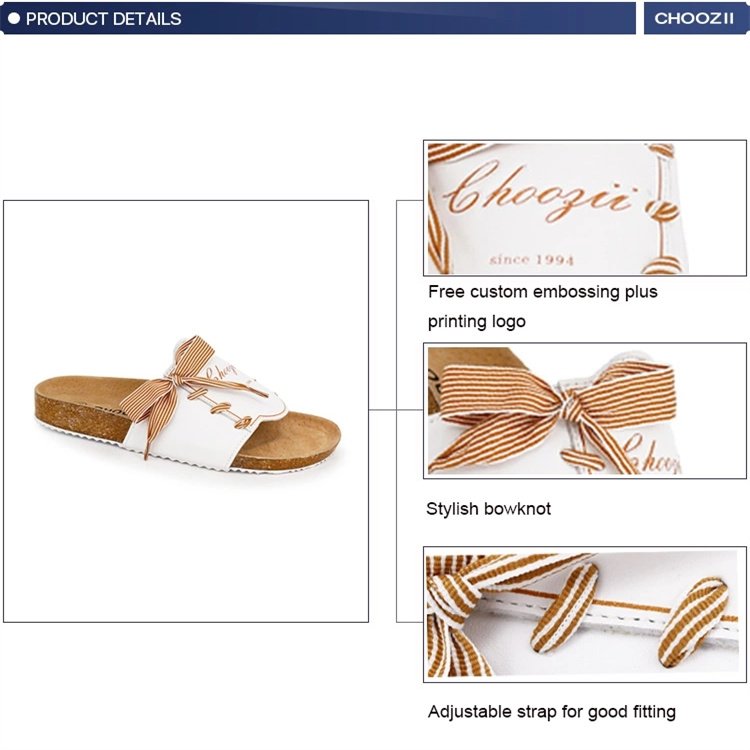 Choozii Free Custom Embossing Logo Ladies Slippers Leather Upper Cork Sole Fashion Outdoor Slides Slippers For Women