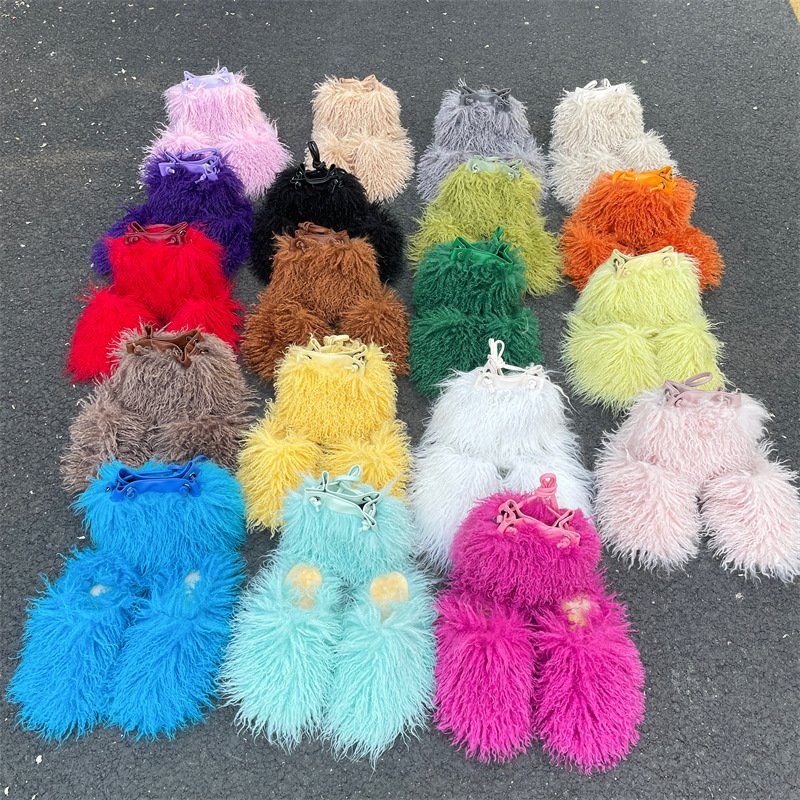 Custom Handbag Set Pantuflas De Peluches Zapatillas Fuzzy Faux Mongolian Goat Hair Fur Slides Slippers Bags Sets For Women