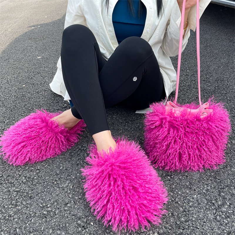 Custom Handbag Set Pantuflas De Peluches Zapatillas Fuzzy Faux Mongolian Goat Hair Fur Slides Slippers Bags Sets For Women