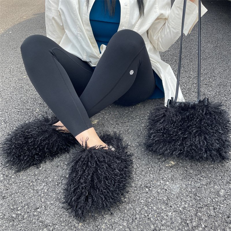 Custom Handbag Set Pantuflas De Peluches Zapatillas Fuzzy Faux Mongolian Goat Hair Fur Slides Slippers Bags Sets For Women