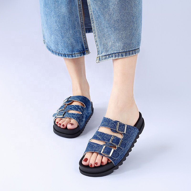 Export Wholesale Shoes Outdoor Open Toe Three Buckle Sandals Modern Women Summer Denim Fabric Durable Sandals Slippers