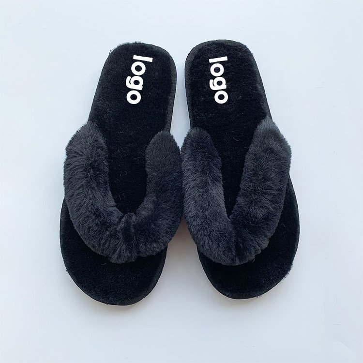 Custom Logo Fashion Women's Flat Sole Warm Fluffy Ladies Soft Flush Fur Flip-Flops Slides Slipper For Ladies