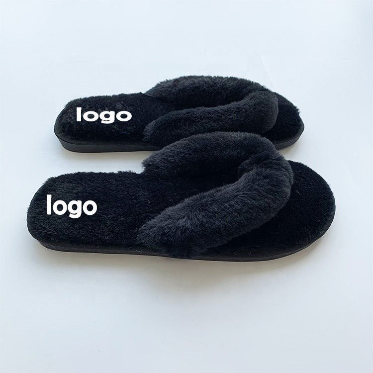 Custom Logo Fashion Women's Flat Sole Warm Fluffy Ladies Soft Flush Fur Flip-Flops Slides Slipper For Ladies
