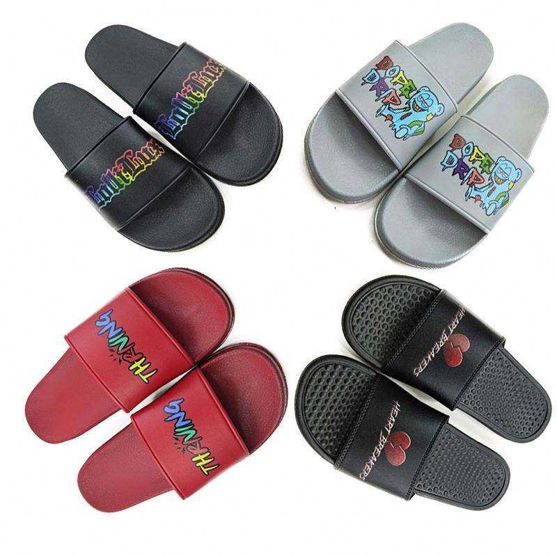Rubber Unisex Logo Pattern Black Plain Men's Sandals Slides Slippers Custom Slides Sandals With Logo