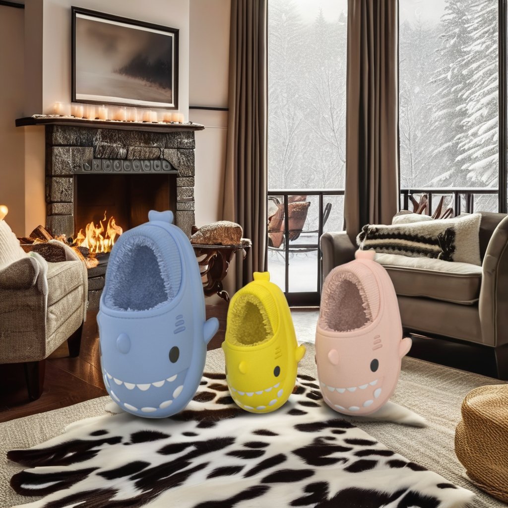 Cozy Winter Fashion House Slippers Cute Plush Shark Slides EVA Insole Fur Lining Anti-Slip shark slides slipper