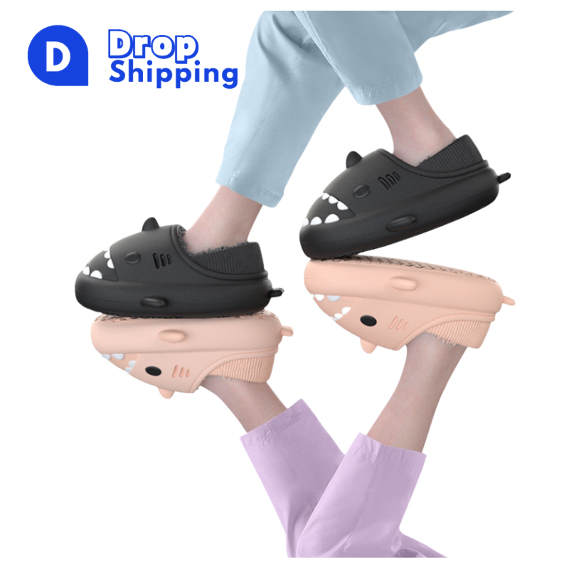 Cozy Winter Fashion House Slippers Cute Plush Shark Slides EVA Insole Fur Lining Anti-Slip shark slides slipper