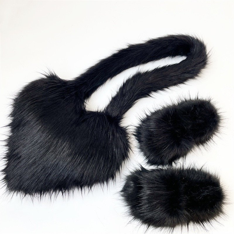 Barchon Handbag sets Pantuflas De Peluches Slip On Zapatillas Fluffy Plush Raccoon Hair Fox Fur Slides Slippers for women