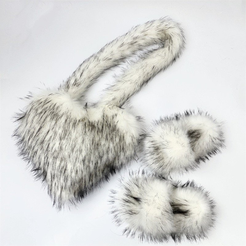 Barchon Handbag sets Pantuflas De Peluches Slip On Zapatillas Fluffy Plush Raccoon Hair Fox Fur Slides Slippers for women