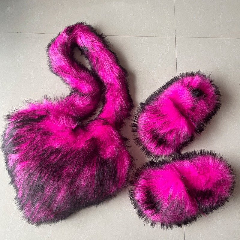 Barchon Handbag sets Pantuflas De Peluches Slip On Zapatillas Fluffy Plush Raccoon Hair Fox Fur Slides Slippers for women