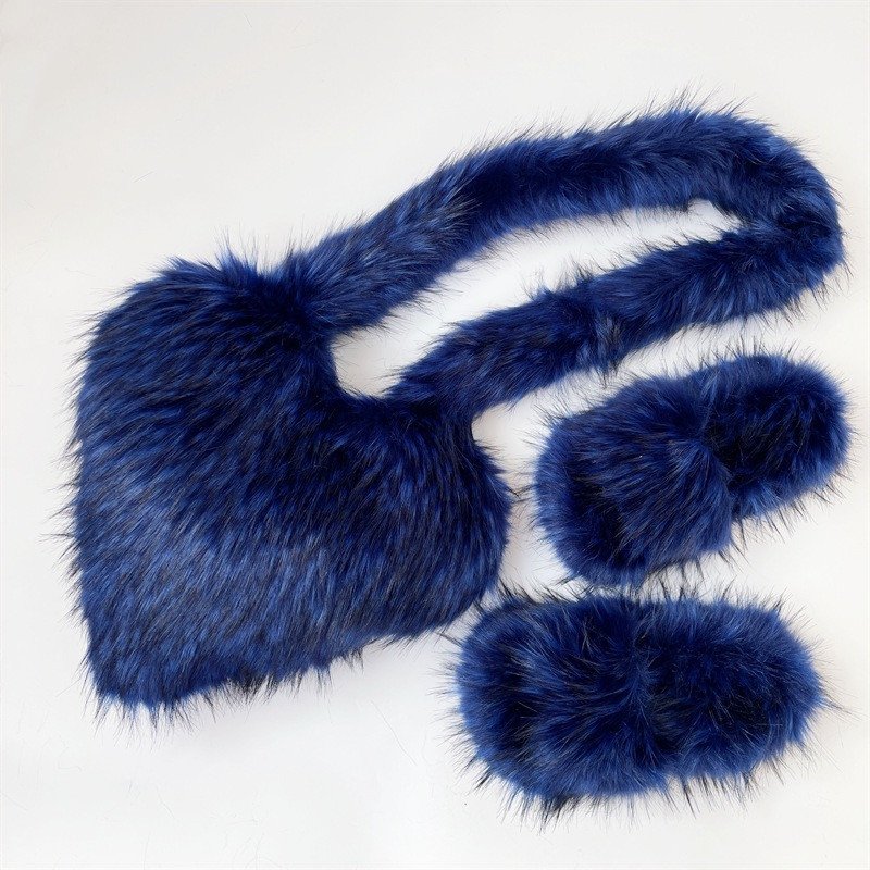 Barchon Handbag sets Pantuflas De Peluches Slip On Zapatillas Fluffy Plush Raccoon Hair Fox Fur Slides Slippers for women