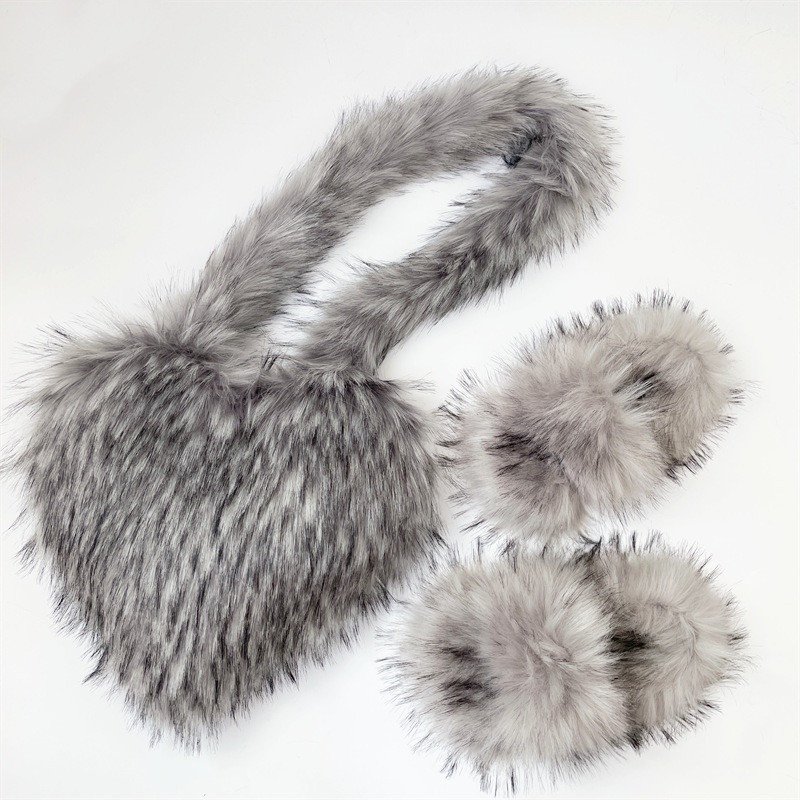 Barchon Handbag sets Pantuflas De Peluches Slip On Zapatillas Fluffy Plush Raccoon Hair Fox Fur Slides Slippers for women