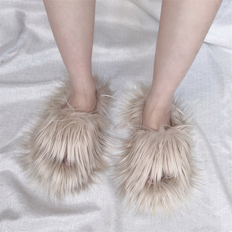 BUSY GIRL RS4814 mongolian fur slides 22 colors big size 46 winter fashion olive green white pink faux fuzzy slippers for women