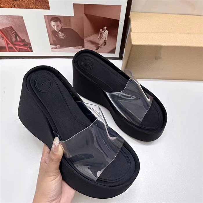 New 2024 summer new fashion thick bottom versatile high-heeled slope with transparent one-strap sandals slippers babouche woman
