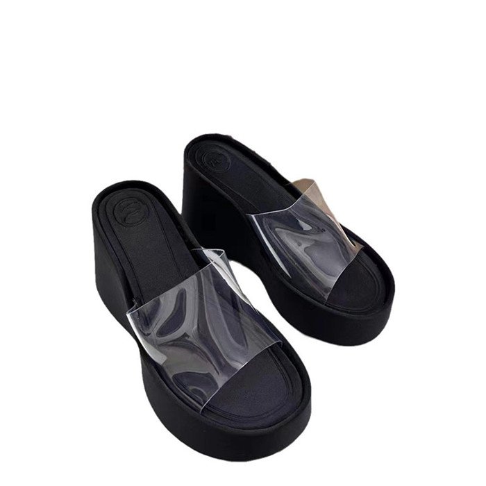 New 2024 summer new fashion thick bottom versatile high-heeled slope with transparent one-strap sandals slippers babouche woman
