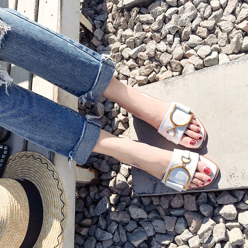 2024 Fashion Square Toe Slippers Sandals Flat Shoes Women Ladies Sandals Summer Casual Slides Slippers