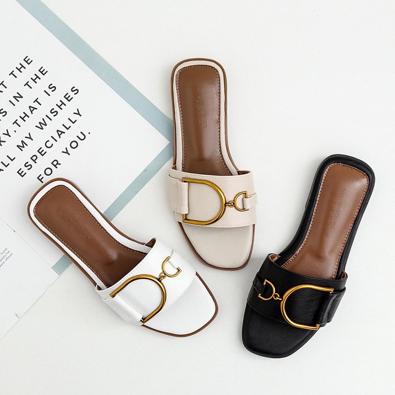 2024 Fashion Square Toe Slippers Sandals Flat Shoes Women Ladies Sandals Summer Casual Slides Slippers