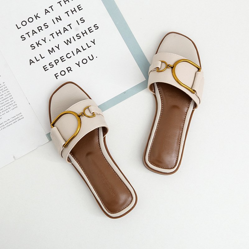 2024 Fashion Square Toe Slippers Sandals Flat Shoes Women Ladies Sandals Summer Casual Slides Slippers