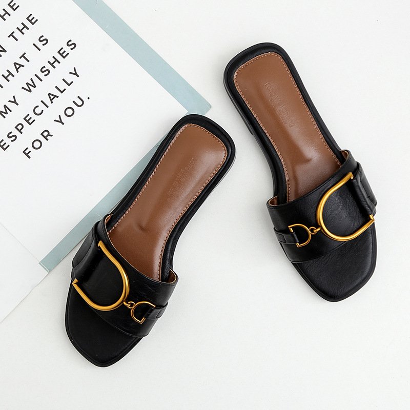 2024 Fashion Square Toe Slippers Sandals Flat Shoes Women Ladies Sandals Summer Casual Slides Slippers
