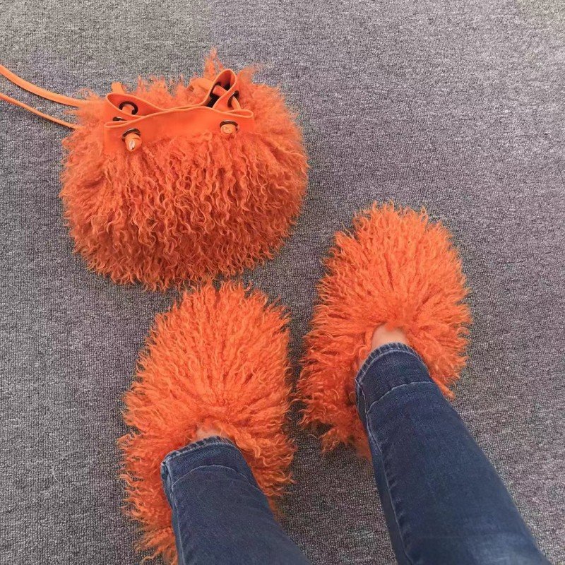 Faux Fur Slippers Fur Slides mongolian Fur Fluffy Sandals Girls Beach Home Plush Sliders Furry Flip Flops Women Shoes Woman
