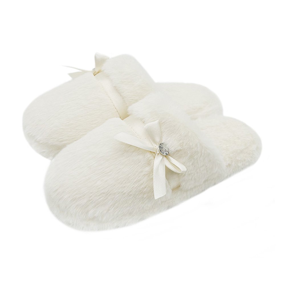 Comfy House Slippers for Women Bow Decor Round Toe Memory Foam Plush Fuzzy Bedroom Indoor Slippers