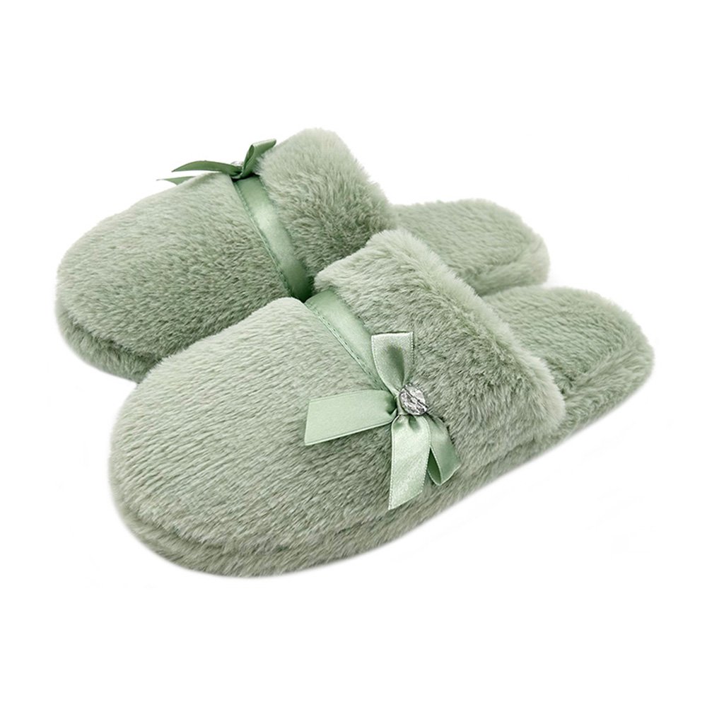 Comfy House Slippers for Women Bow Decor Round Toe Memory Foam Plush Fuzzy Bedroom Indoor Slippers