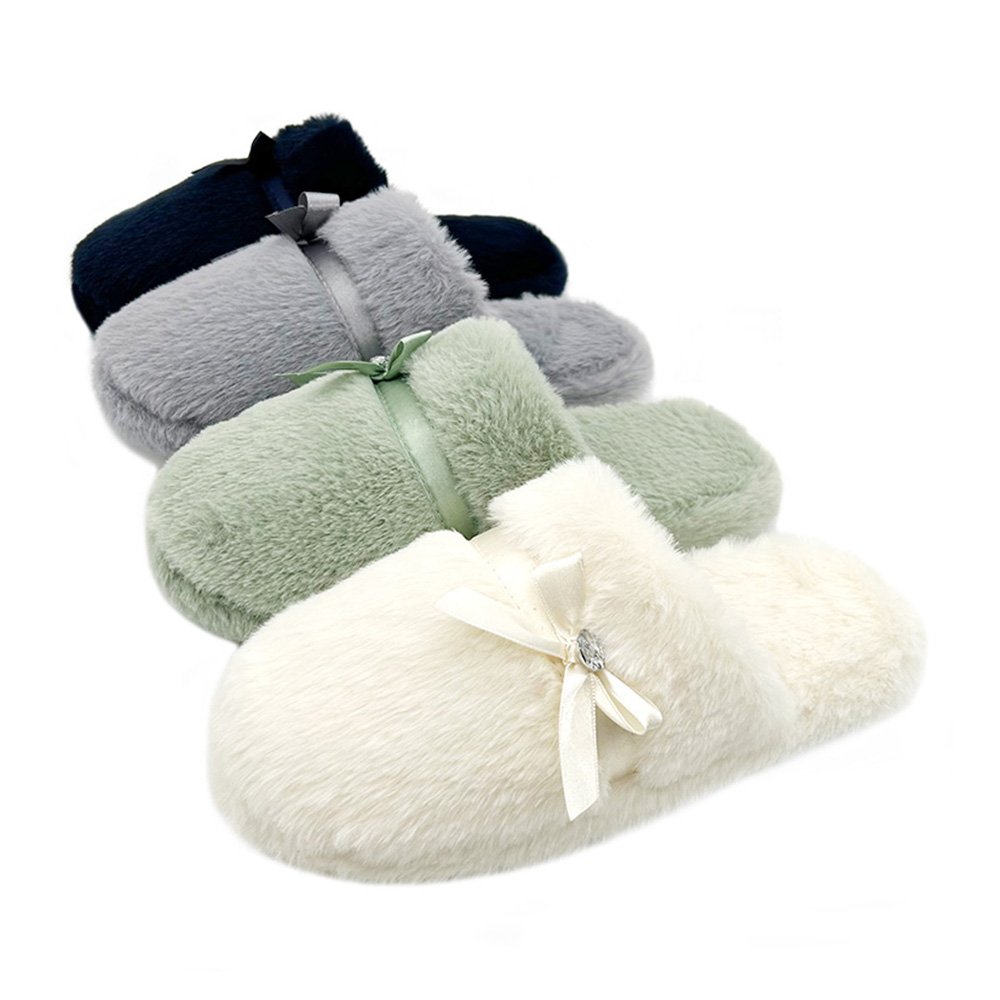 Comfy House Slippers for Women Bow Decor Round Toe Memory Foam Plush Fuzzy Bedroom Indoor Slippers