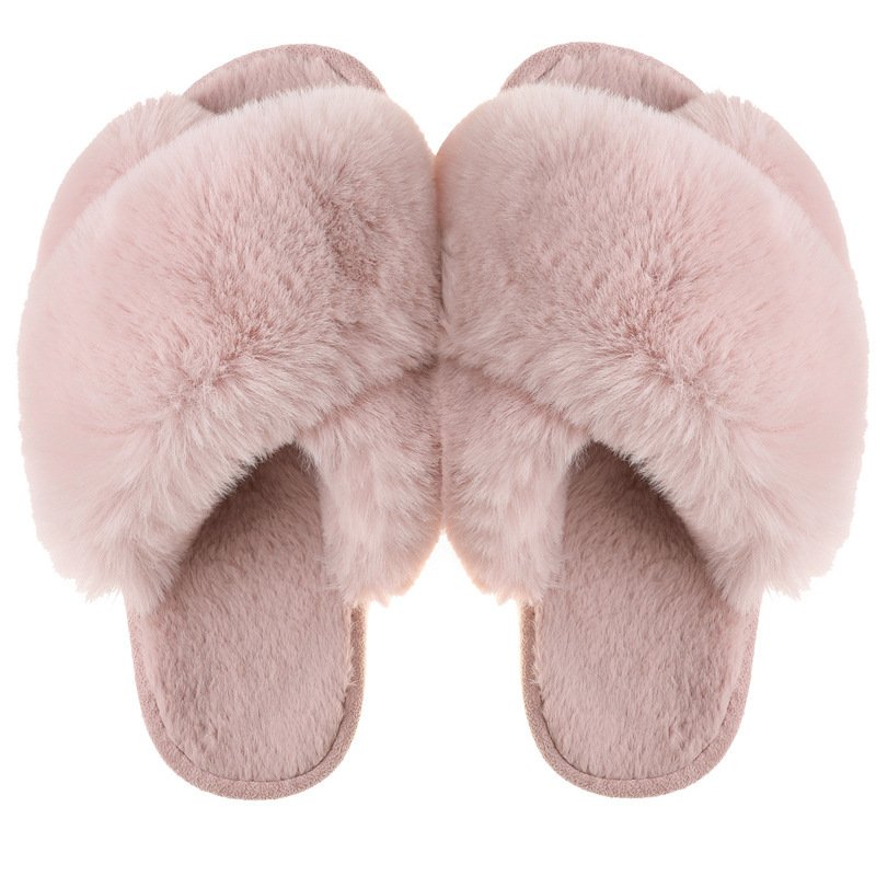 Wholesale Autumn and Winter Women Home Cotton Slippers Cross Hair Slippers Open Toe Fur Fluffy Cross Plush Slippers