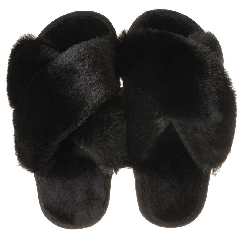 Wholesale Autumn and Winter Women Home Cotton Slippers Cross Hair Slippers Open Toe Fur Fluffy Cross Plush Slippers