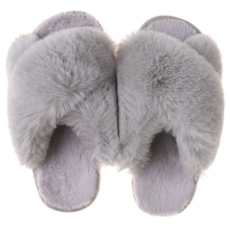 Wholesale Autumn and Winter Women Home Cotton Slippers Cross Hair Slippers Open Toe Fur Fluffy Cross Plush Slippers