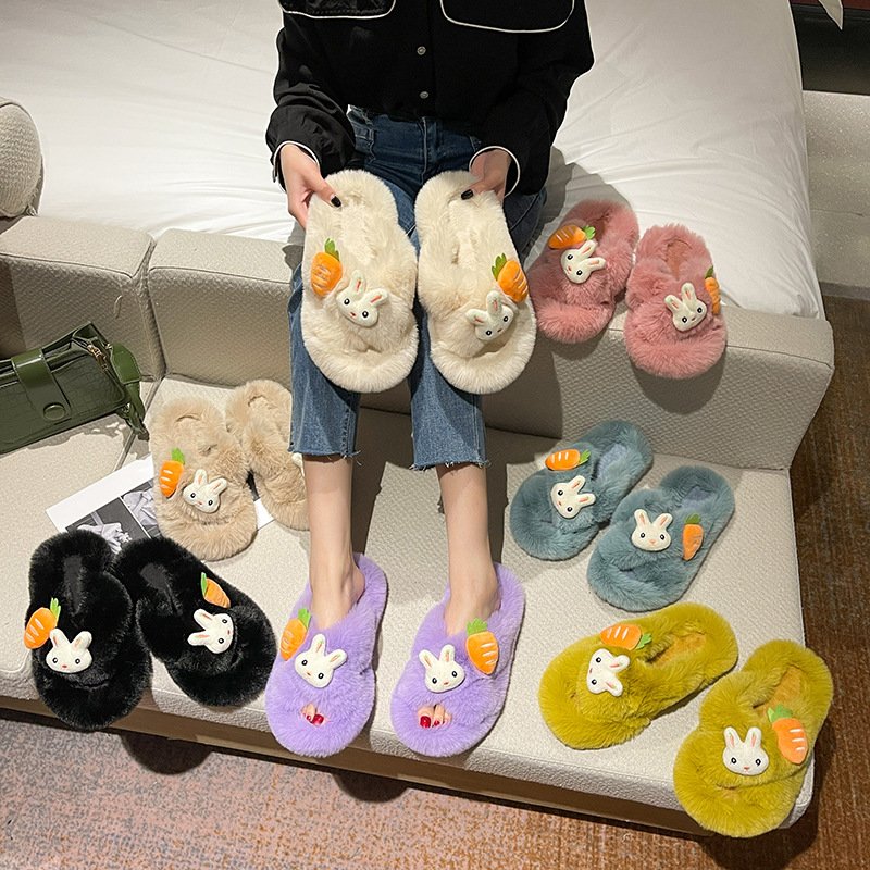 New Arrivals Ladies Women Girls Cute Cartoon Bunny Rabbit Fox Fur House Warm Fashion Fur Slides Slippers
