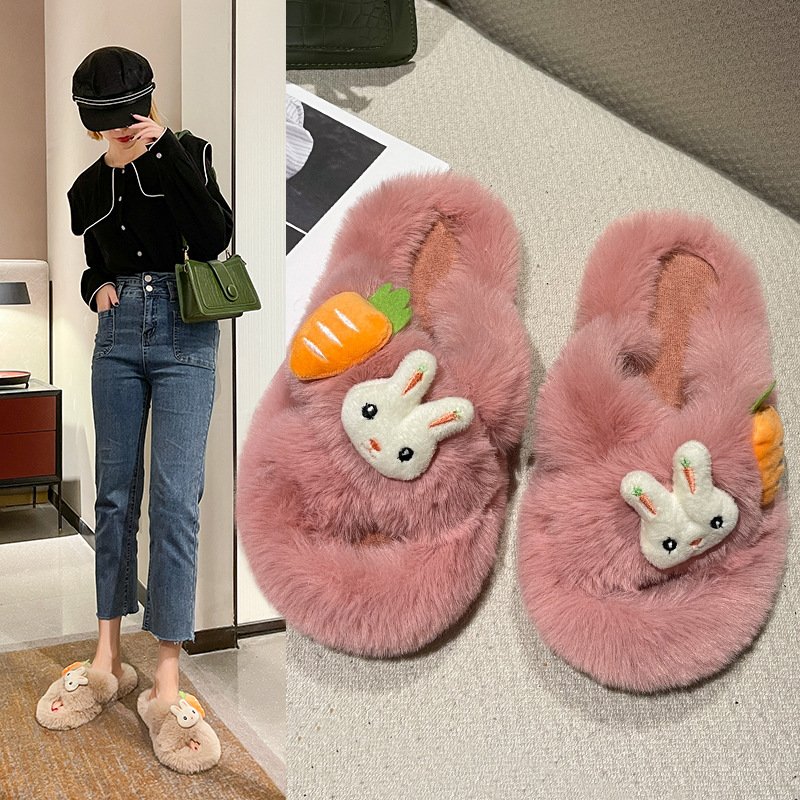 New Arrivals Ladies Women Girls Cute Cartoon Bunny Rabbit Fox Fur House Warm Fashion Fur Slides Slippers