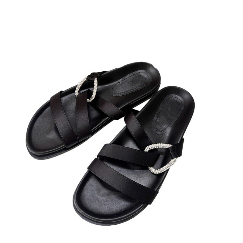 2024 Fashion Round Head Black Thick Sole Cross Water Diamond Buckle Versatile Casual Slippers