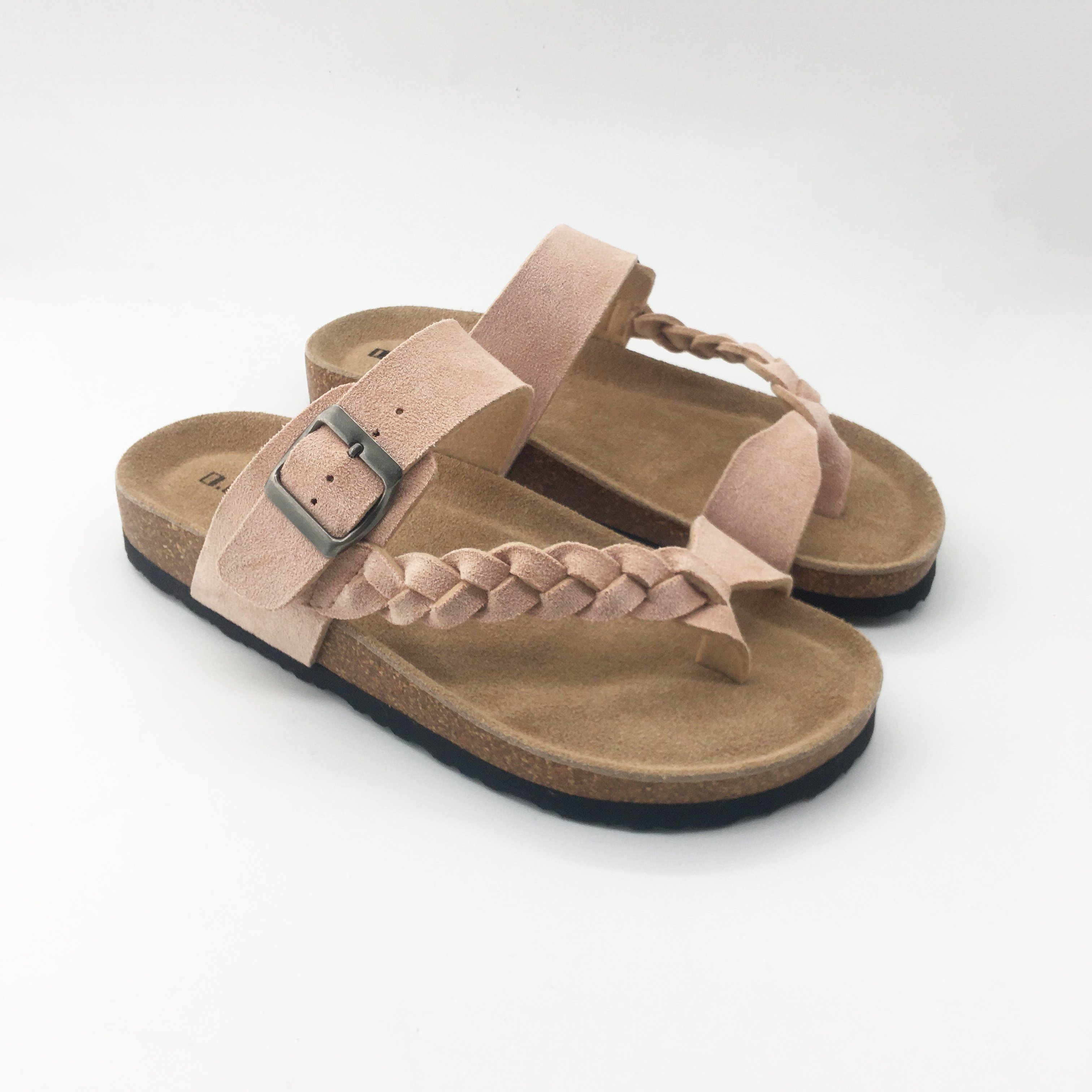 Custom Ladies Slippers Beach Sandals Sole Cork Women Flat Sandals Cork Flip Flops Buckle Double Strap EVA Outdoor Cow Suede