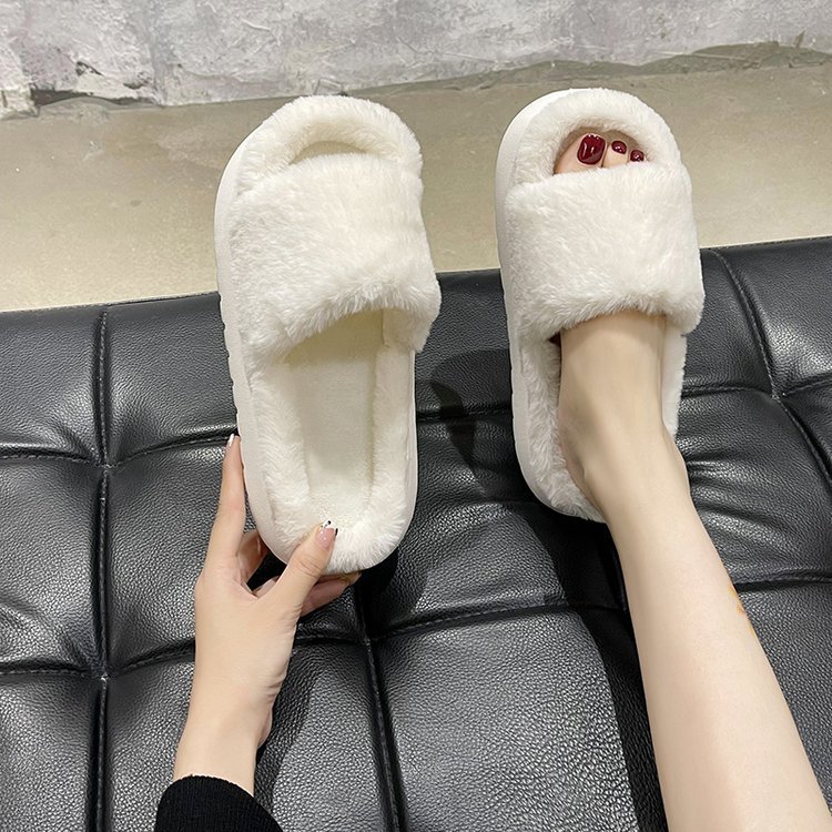 Women's Easy Silp on Open Toe Home Slide Sandal Slippers Soft Fur Plush Indoor Shoes
