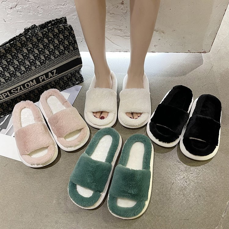 Women's Easy Silp on Open Toe Home Slide Sandal Slippers Soft Fur Plush Indoor Shoes