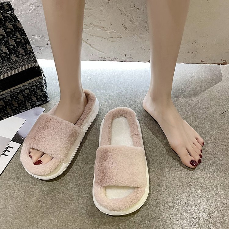 Women's Easy Silp on Open Toe Home Slide Sandal Slippers Soft Fur Plush Indoor Shoes