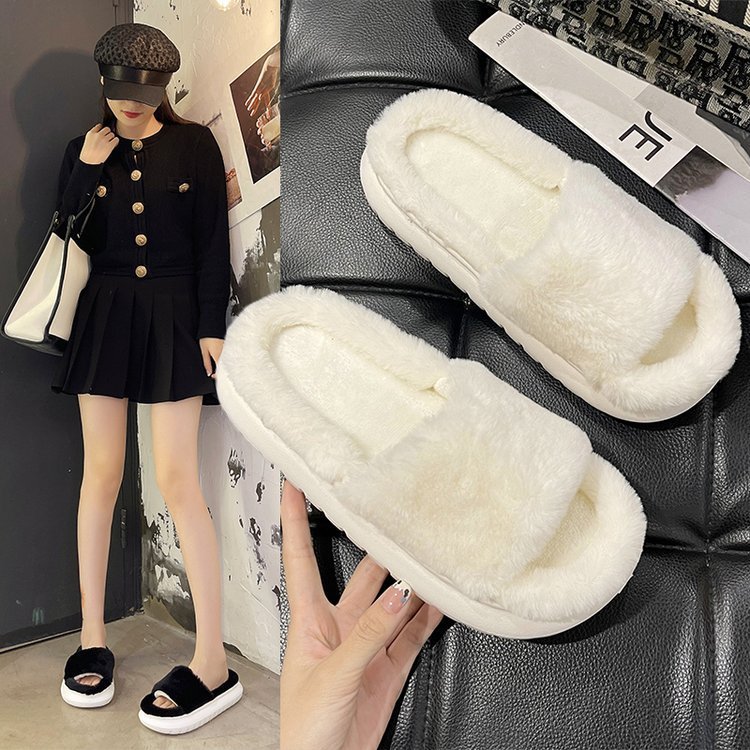 Women's Easy Silp on Open Toe Home Slide Sandal Slippers Soft Fur Plush Indoor Shoes