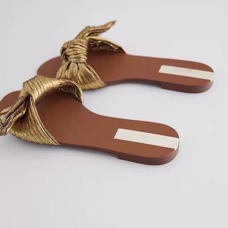 Hot-selling Summer Fashion Designer Brand Shoes Women's Gold Bowknot Open Toe Flat Sandals Ladies Beach Slides Slippers