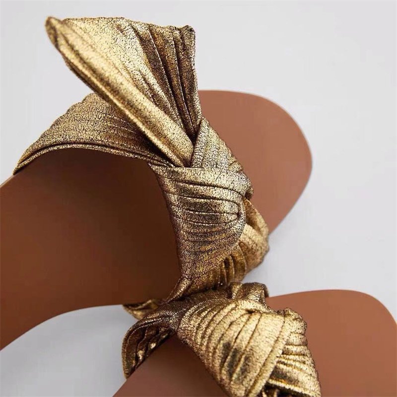 Hot-selling Summer Fashion Designer Brand Shoes Women's Gold Bowknot Open Toe Flat Sandals Ladies Beach Slides Slippers