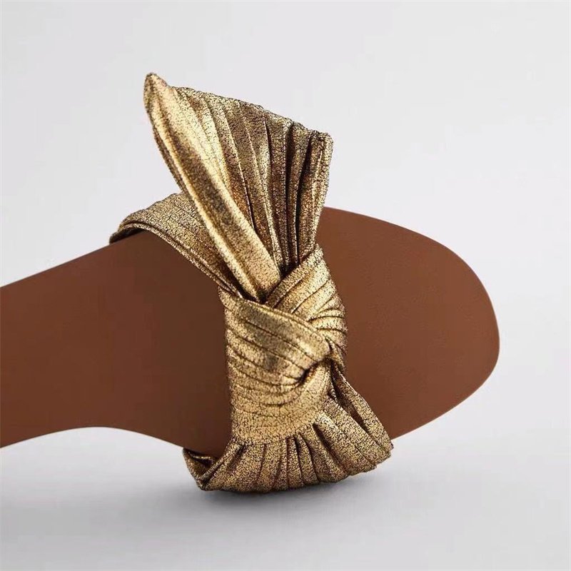Hot-selling Summer Fashion Designer Brand Shoes Women's Gold Bowknot Open Toe Flat Sandals Ladies Beach Slides Slippers