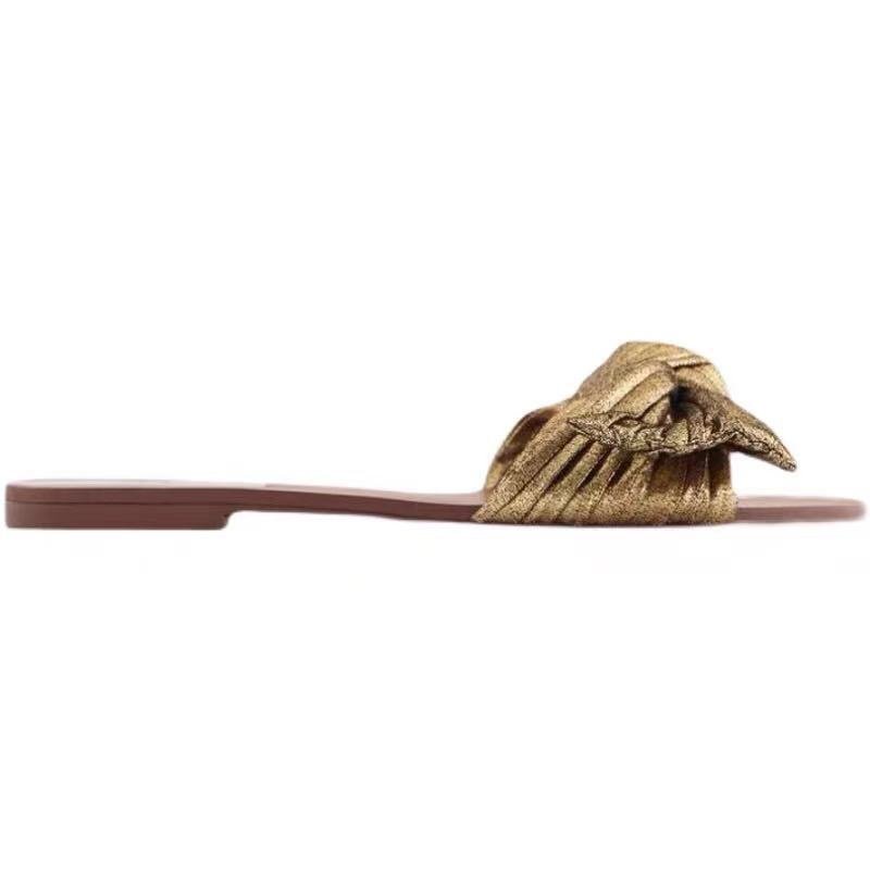 Hot-selling Summer Fashion Designer Brand Shoes Women's Gold Bowknot Open Toe Flat Sandals Ladies Beach Slides Slippers